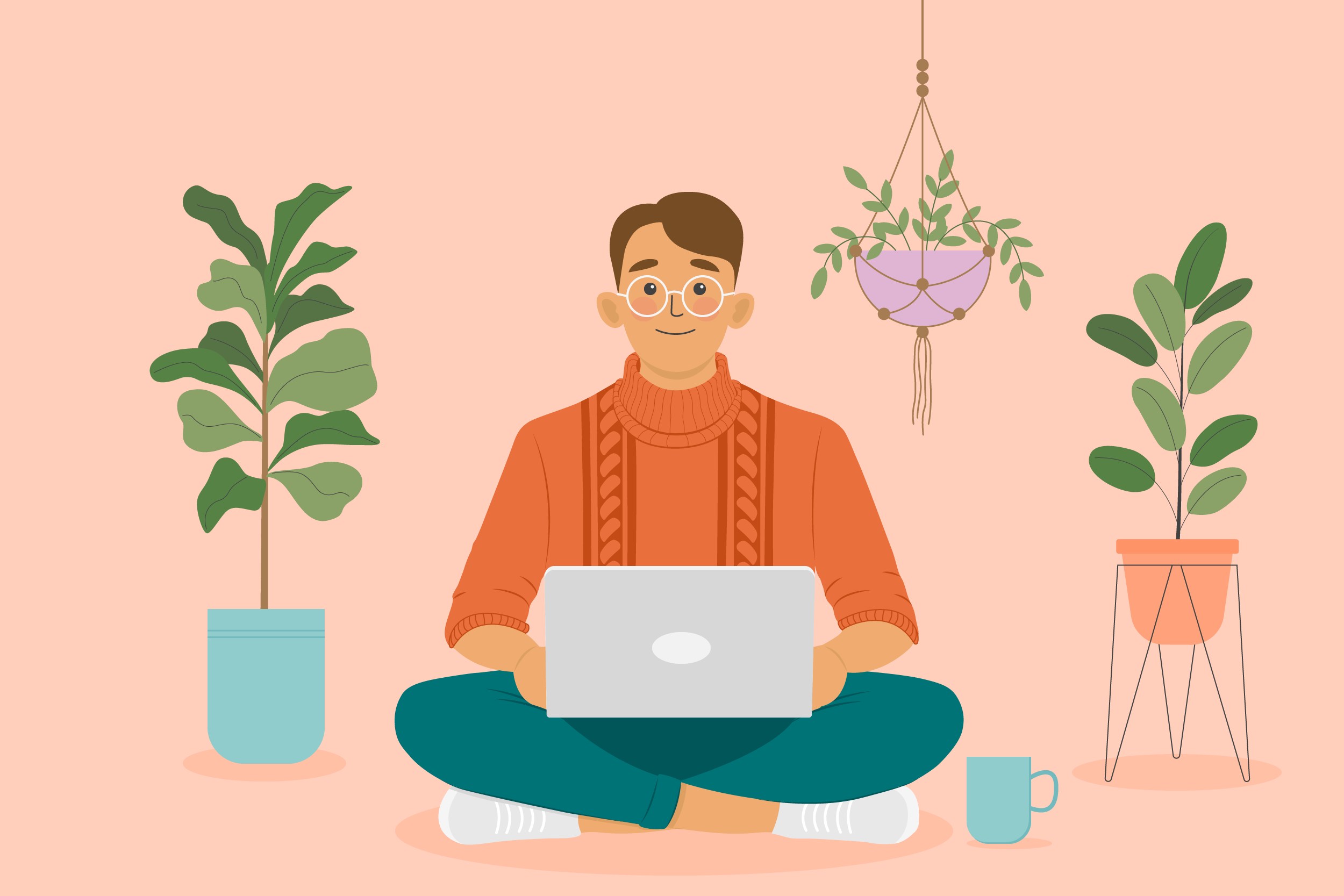 illustration: man with computer and plants around him