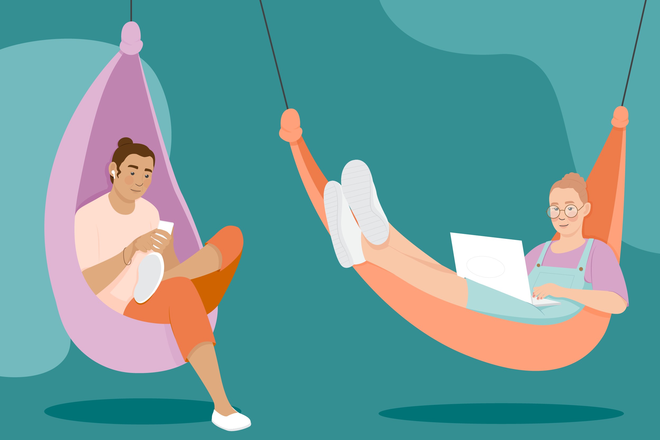 illustration: a woman in a hammock a man in a hanging chair
