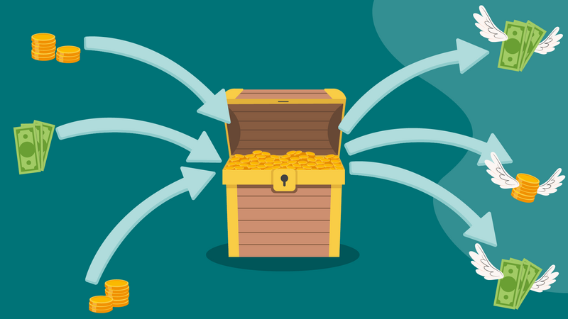 illustration treasure chest with arrows money out and in