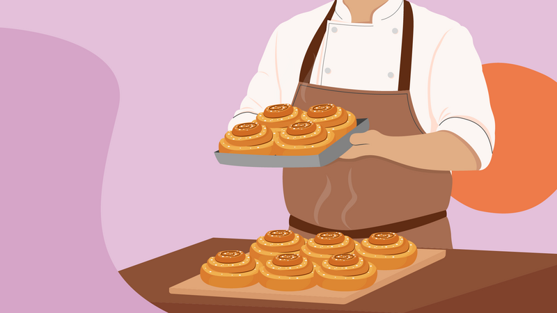 illustration baker holding a tray of buns