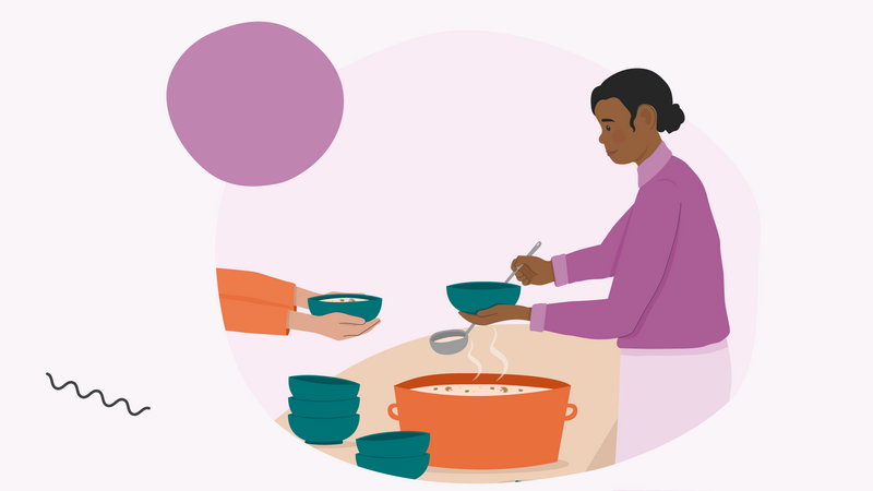illustration woman serving soup in green bowls