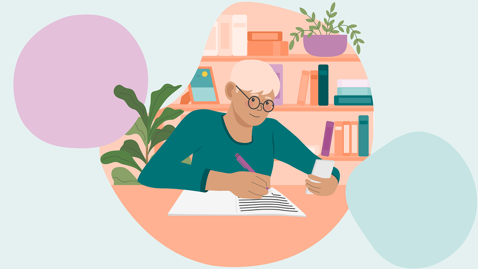 illustration-person skriver på papper och tittar i sin mobil