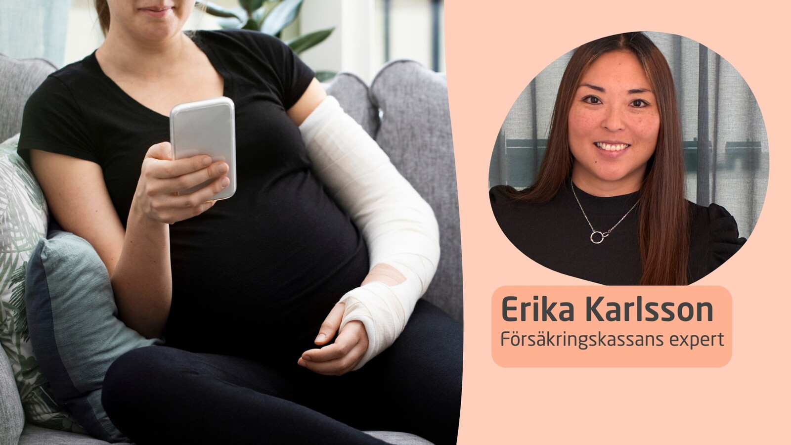 En kvinna med gipsad arm, infälld bild intervjuperson