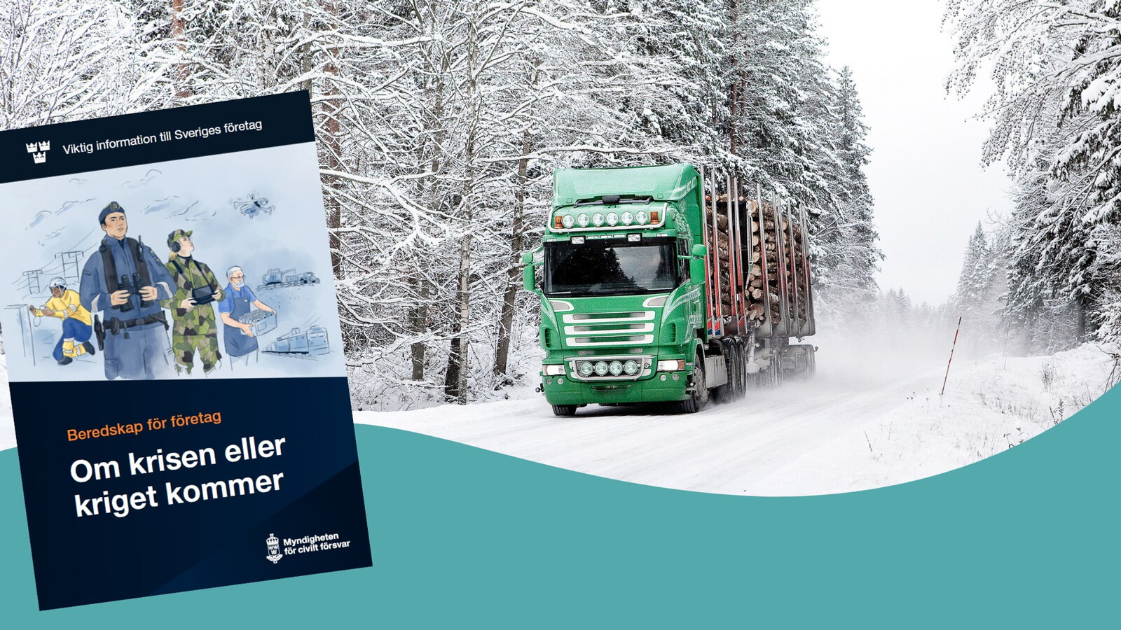 lastbil kör på vinterväg, broschyr i förgrund